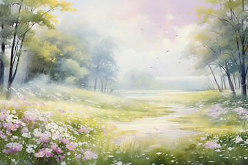 Spring Awakening: Illustration Landscape with Bright Fresh Look, Trees, and Blue Sky