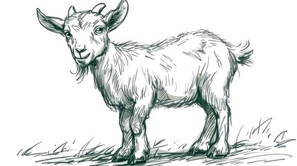  a black and white drawing of a goat standing on top of a grass covered field in front of a white background.