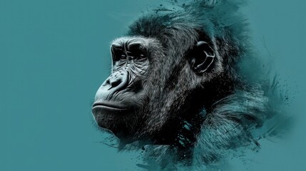  a close up of a monkey's face on a blue background with a black and white image of a gorilla's head.