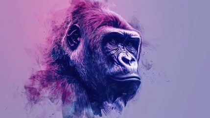  a digital painting of a gorilla's face with a pink and blue color scheme on the back of the gorilla's head.