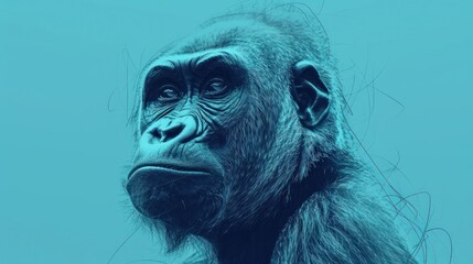  a close up of a monkey's face on a blue background with a blurry image of a gorilla's head.