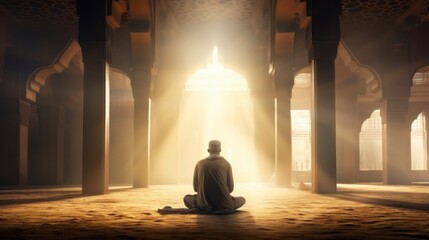 Islamic concept photo. Muslim man praying in the mosque and sunlight rays with haze in the morning. Ramadan or kandil or laylat al-qadr or kadir gecesi background photo. copy space - generative ai - obrazy, fototapety, plakaty