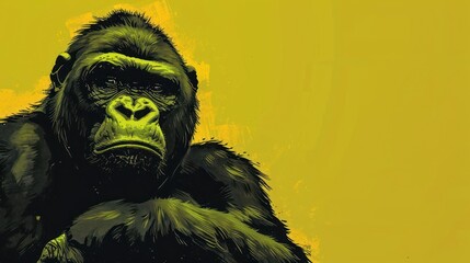  a painting of a gorilla sitting in front of a yellow background with the words gorilla on it's chest.
