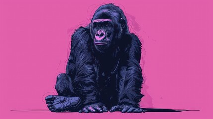  a drawing of a gorilla sitting on the ground with its mouth open and tongue out, on a pink background.