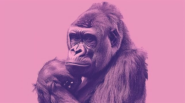  a close up of a monkey on a pink background with a black and white photo of it's face.