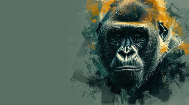  a digital painting of a gorilla's head with yellow and green paint splatters on it's face.