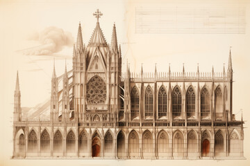 Detailed Drawing of a Majestic Gothic Cathedral