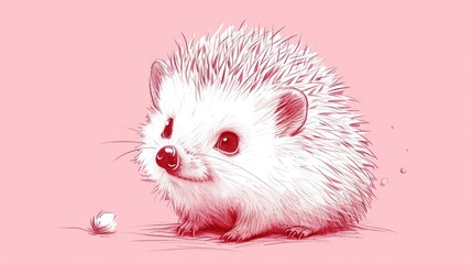  a drawing of a hedgehog on a pink background with a tiny white ball of food in the foreground.