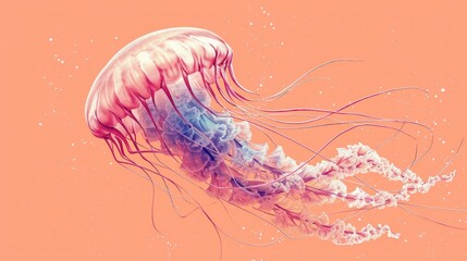  a close up of a jellyfish on a pink background with a blue and red jellyfish in the middle of the frame.