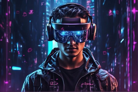 Illustration of a cyberpunk hacker in a virtual reality setting, surrounded by holographic mytric code