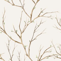 Watercolor drawing of spring branches on a beige background. Illustration hand drawn on isolated background for greeting cards, invitations, happy holidays, posters, fabric, wallpaper, graphic design.