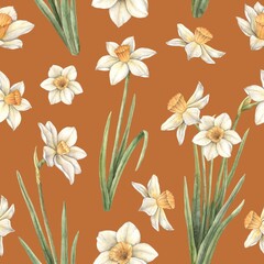 Watercolor pattern on a colored background with yellow beautiful daffodils. Easter holiday illustration hand drawn. Sketch on isolated background for greeting cards, invitations, happy holidays
