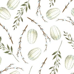 Watercolor Easter pattern on a white background with eggs, green branches and willow. Easter holiday illustration hand drawn. Sketch on isolated background for greeting cards, invitations © ValentinaSova