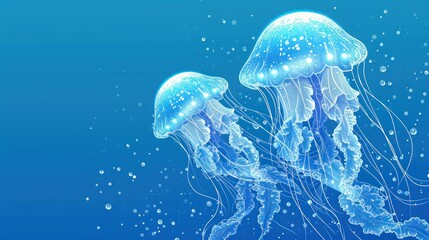  a close up of two jellyfish in the water with bubbles and bubbles on the bottom of the jellyfish.