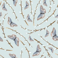 Watercolor Easter pattern on a blue background with willow and butterflies. Easter holiday illustration hand drawn. Sketch on isolated background for greeting cards, invitations, happy holidays