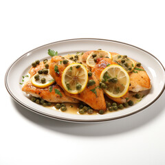 Chicken Piccata with Lemon Caper Sauce, isolated on a crisp white background