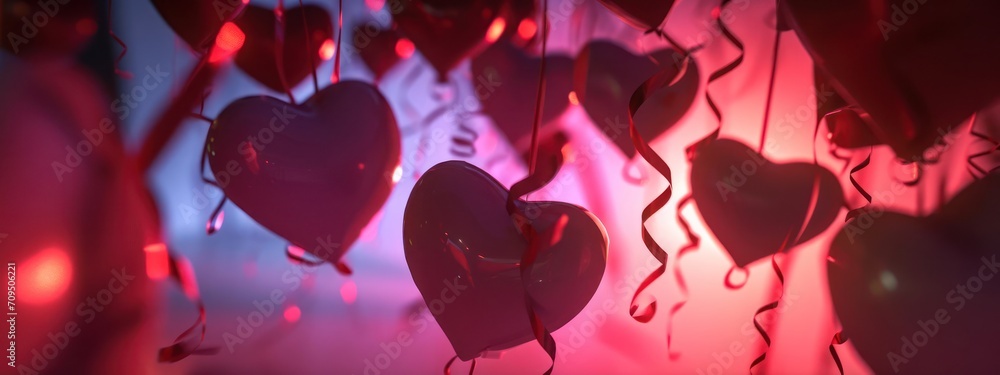 Poster group of heart shaped balloons hanging from strings for valentines day generative ai