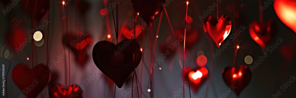 Poster bunch of red hearts hanging from strings for valentines day generative ai