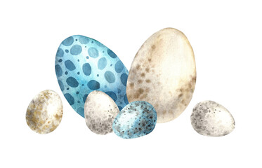 Watercolor Easter composition with white and blue eggs. Sketch on isolated background for greeting cards, invitations, banners, posters, textiles, graphic design.