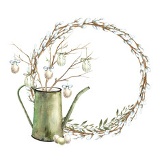 Watercolor Easter wreath made of willow, with a watering can and branches decorated with eggs. Easter holiday illustration hand drawn. Sketch on isolated background for greeting cards, invitations © ValentinaSova
