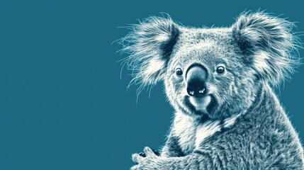  a close up of a koala on a blue background with a black and white image of a koala.