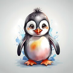 cute happy penguin watercolor sticker design template