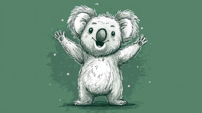  a drawing of a koala standing on its hind legs with its hands in the air and its mouth open.