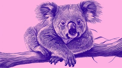 Fototapeta premium a drawing of a koala sitting on a tree branch with its head on a branch with a pink background.
