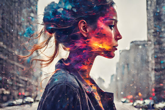 double exposure combining the side profile of a person with the vibrant energy