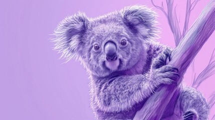  a close up of a koala bear on a tree branch with a pink and purple sky in the background.