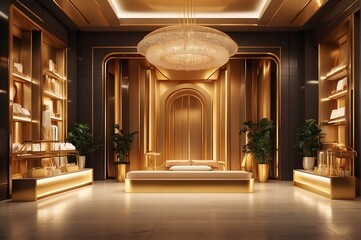 Luxury store interior, golden spotlight, cinematic background