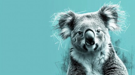  a close up of a koala on a blue background with a blurry image of it's face.