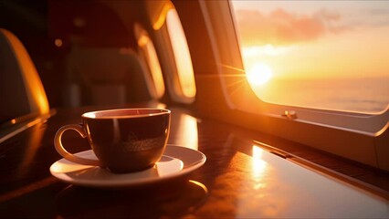 A private jet window serves as the perfect frame for an evocative sunrise, while inside, a gourmet coffee station captivates the senses. This is not just a flight, but a journey of exquisite