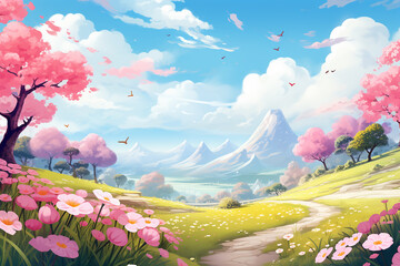 Beautiful landscape illustration of spring with cherry blossoms and mountains