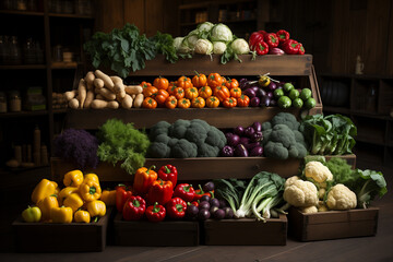 Vegetables are on a wooden shelf in an old kitchen.