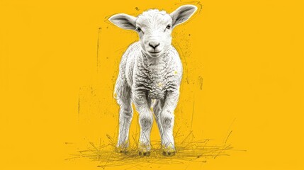  a black and white photo of a baby sheep on a yellow background with a black and white drawing of a baby sheep.