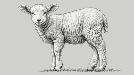  a black and white drawing of a sheep standing on a grass covered field with its head turned to the side.