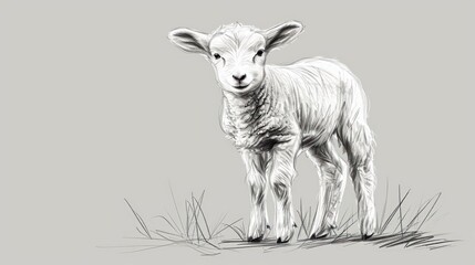  a black and white drawing of a lamb standing in a field of grass on a gray background with the head of a lamb looking at the camera.