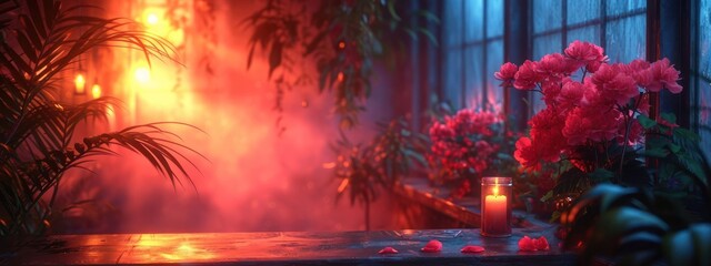 Romantic Room With Abundant Flowers and Candles for a Valentines Day Generative AI