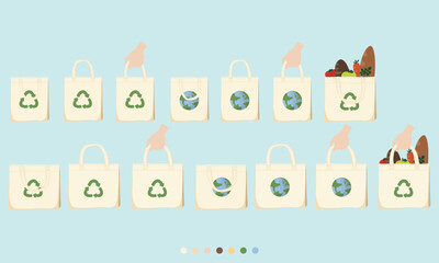Hand drawn vector illustration of Happy Earth day eco friendly reusable tote bag concept minimal line doodle drawing element set. Save the earth, eco friendly. For web, banner, campaign, social media