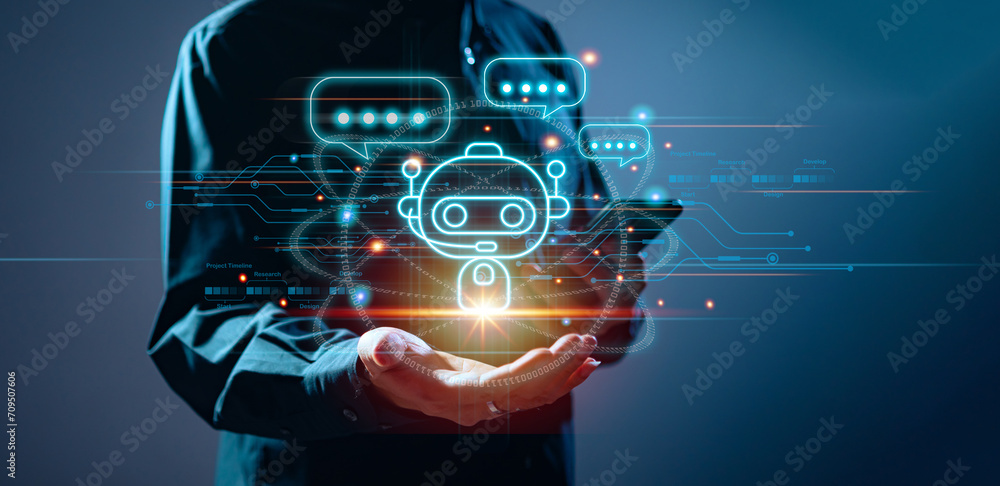Aufkleber businessman using digital chatbot, chat ai, robot application, conversation assistant, ai artificial