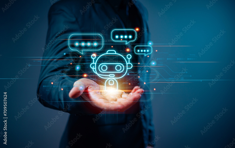 Aufkleber businessman using digital chatbot, chat ai, robot application, conversation assistant, ai artificial
