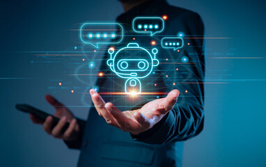 Businessman using digital chatbot, chat Ai, robot application, conversation assistant, AI...