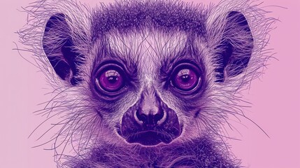  a close up of a monkey's face on a pink background with a blurry image of its eyes.