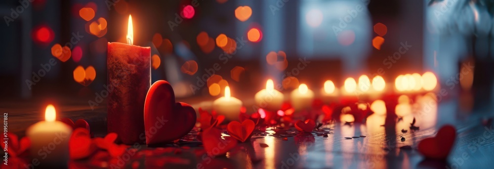Poster array of candles illuminating a table for a romantic valentines day generative ai