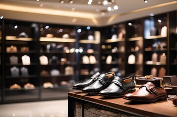 Fototapeta na wymiar Men accessories luxury fashion store interior, spotlight, bokeh blurred background