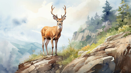 Watercolor image of a deer standing on a cliff.