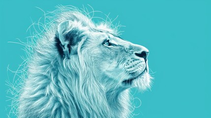  a close up of a lion's face on a blue background with a blurry image of the lion's head.