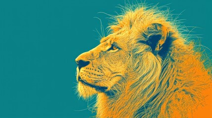  a close up of a lion's face on a blue and orange background with a blue sky in the background.