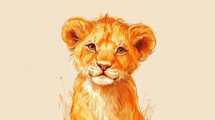  a drawing of a lion cub sitting in the grass looking at the camera with a sad look on his face.